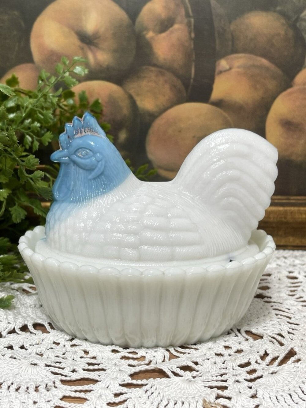 Hen On Nest HON Westmoreland Blue White Milk Glass 6in READ White With Blue Head
